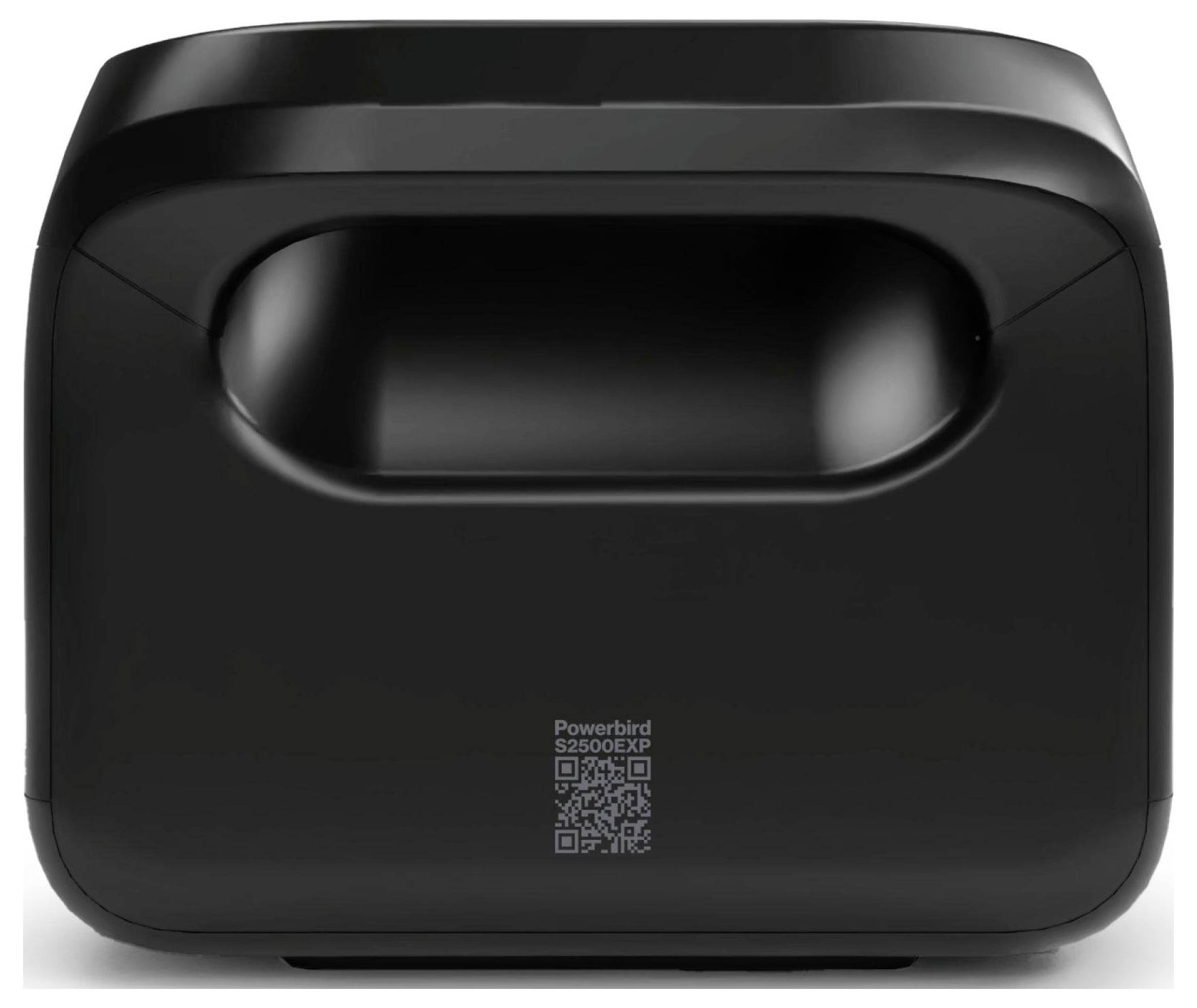 Ein schwarzer, moderner drahtloser Ladedock mit der Bezeichnung 'Powerbird S2500EXP' und einem QR-Code auf der Vorderseite, entwickelt für effizientes Geräteladen.