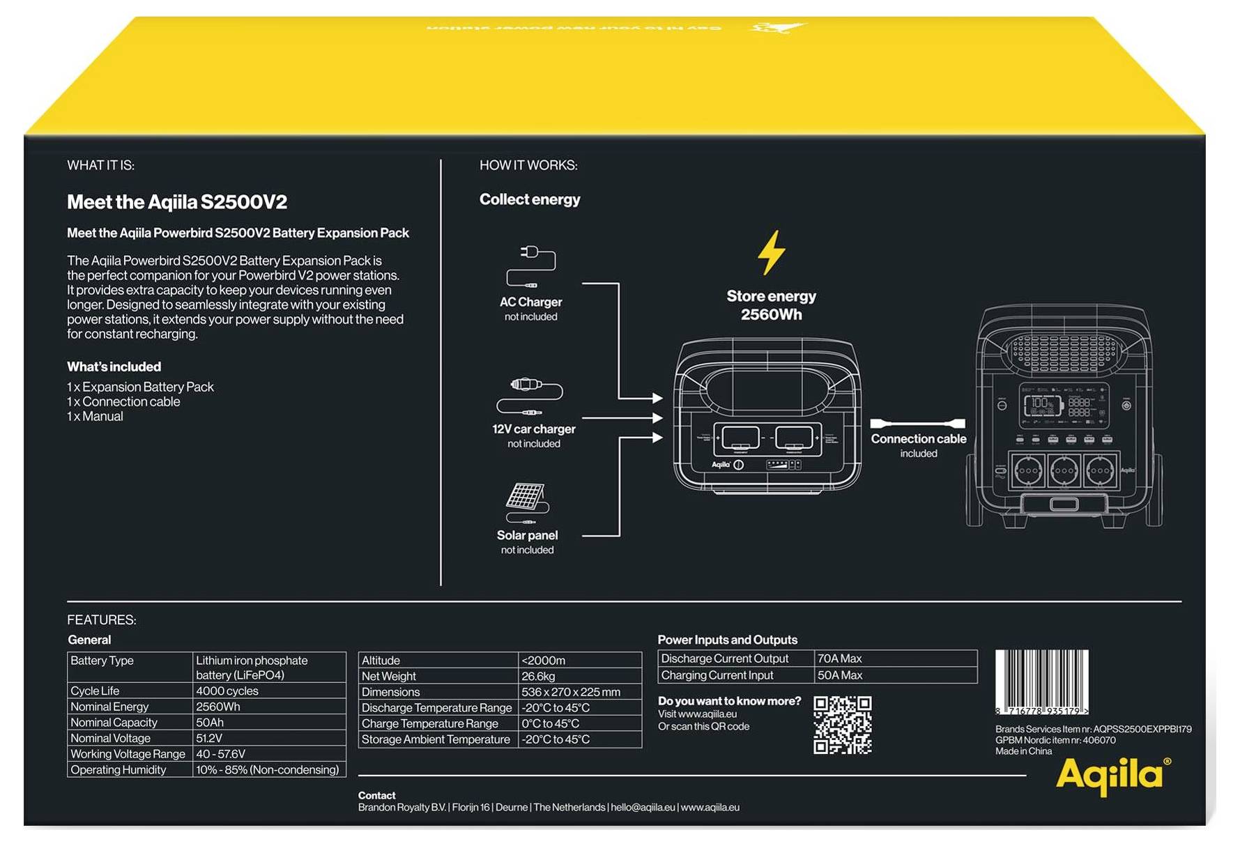 "Lernen Sie das Aqilla S2500V2" Batterie-Erweiterungspack kennen - Bild mit beschrifteten Funktionen, Diagramme zur Energiesammlung und -speicherung von 2500Wh.