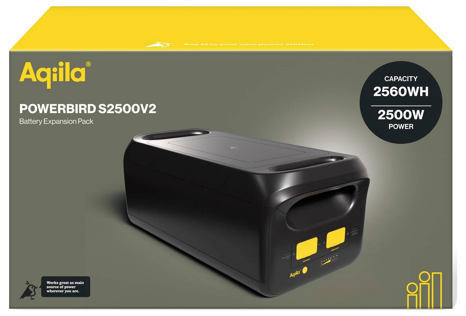 Akku-Pack 'Powerbird S2500V2' von Aquila, auf Verpackung abgebildet. Kapazität 2560Wh, 2500W Leistung, auf gelbem Hintergrund präsentiert.