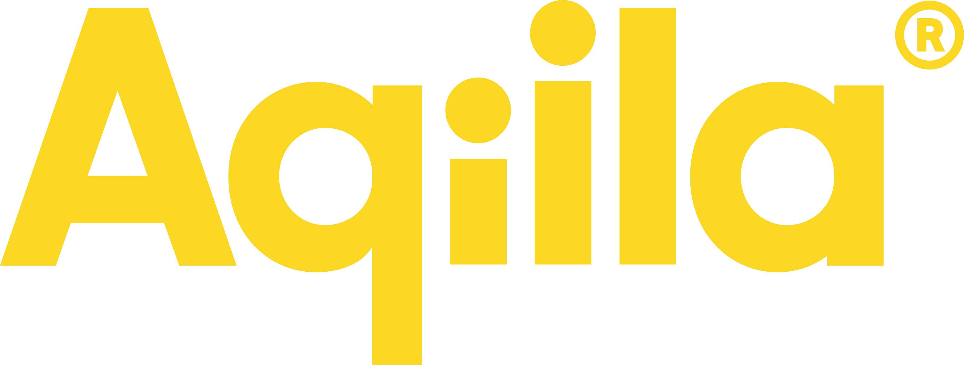 Logo von 'Aqiila' in fetten, gelben Buchstaben mit einem eingetragenen Warenzeichensymbol, vor einem weißen Hintergrund.