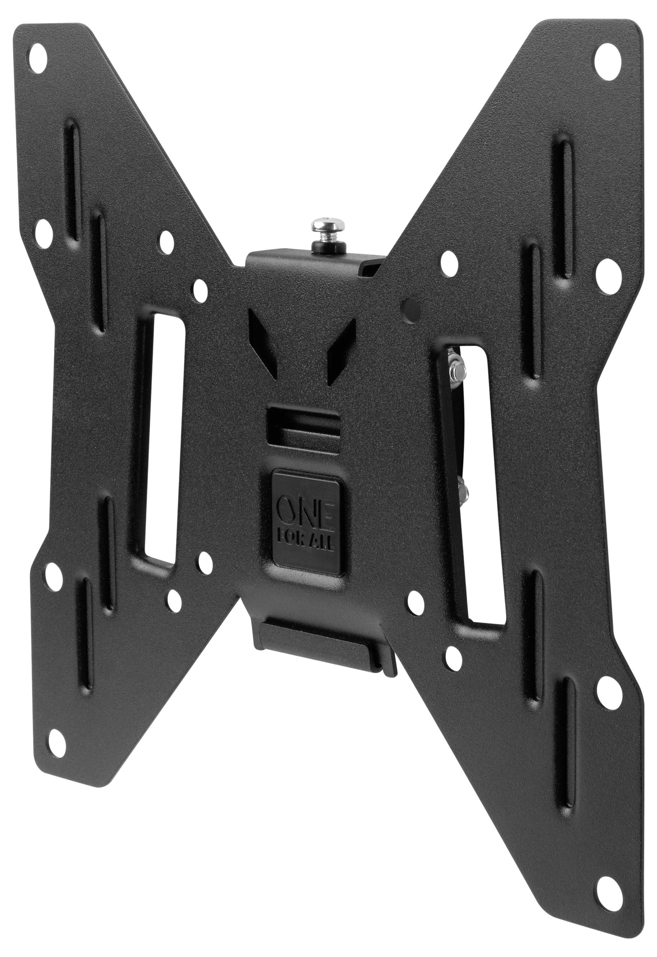 Eine schwarze Wandhalterung in Kreuzform für Flachbildfernseher, die mehrere Schraubenlöcher und Kabelöffnungen aufweist.