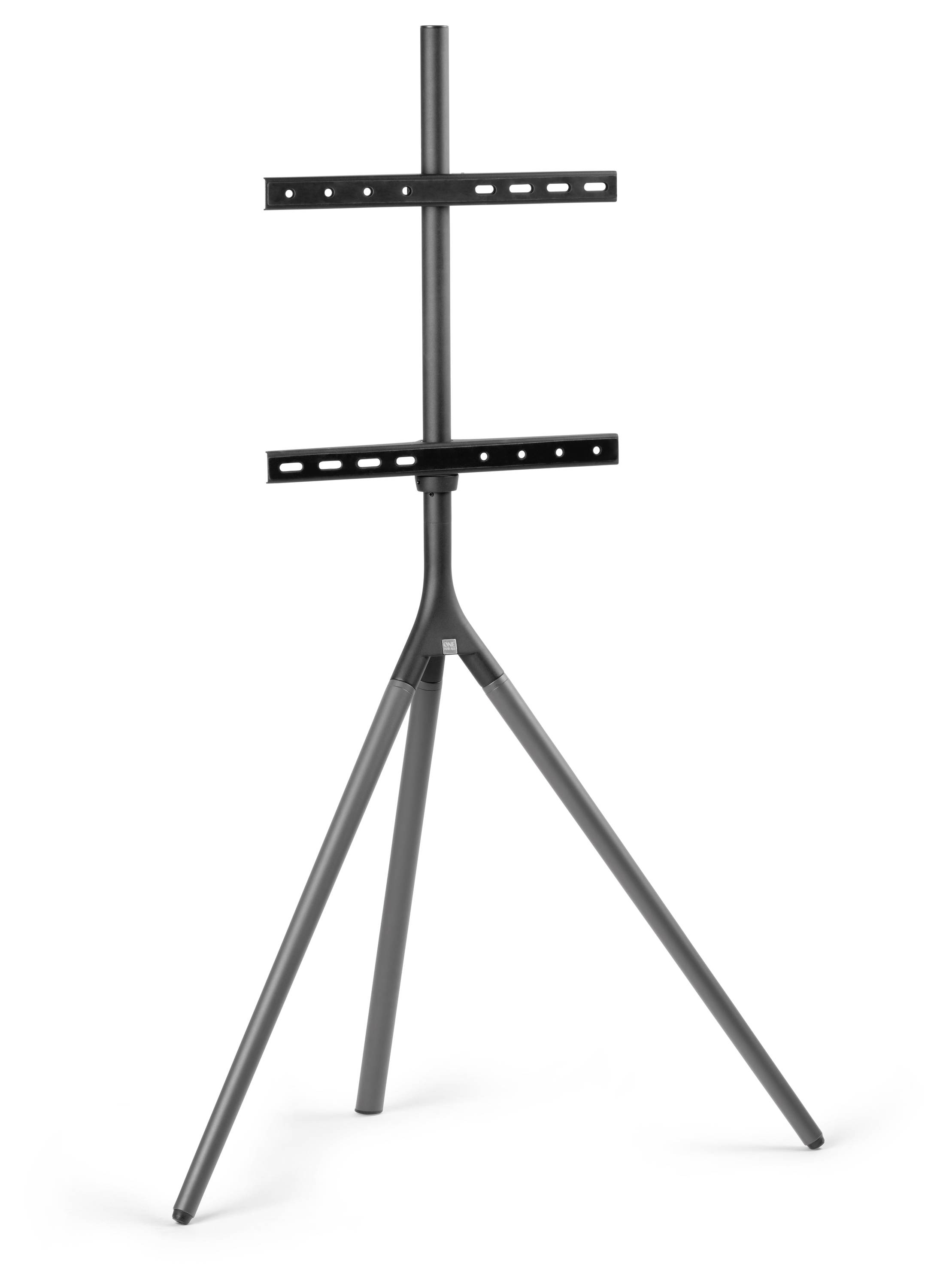 Ein schwarzer TV-Stativ mit elegantem, minimalistischem Design, ausgestattet mit zwei horizontalen Halterungen zur Montage eines Flat-Screen-Fernsehers.