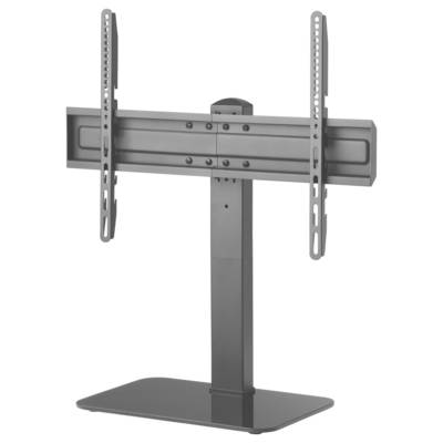 Ein schwarzes TV-Regal mit verstellbaren Halterungen, das für die Unterstützung von Flachbildfernsehern konzipiert ist und auf einer glänzenden schwarzen Basis steht.