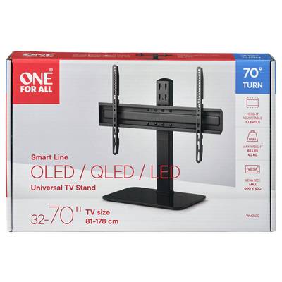 Die Verpackung zeigt einen 'One For All' TV-Ständer für 32-70 Zoll OLED/QLED/LED Fernseher, höhenverstellbar in 3 Stufen, VESA max 600 x 400.