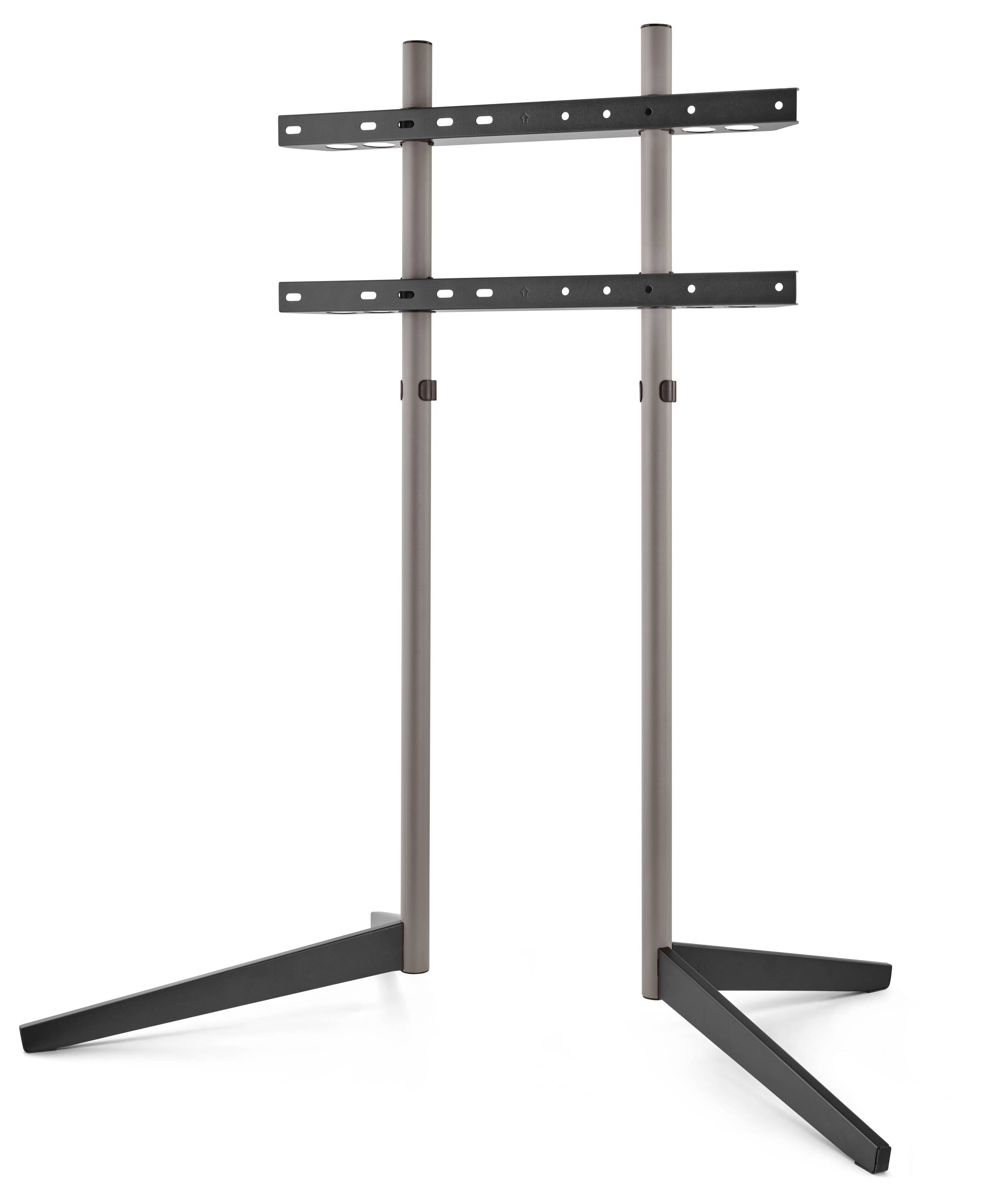 Ein freistehender TV-Halter mit minimalistischem Design, bestehend aus zwei vertikalen Stangen und schwarzen V-förmigen Basisbeinen für Stabilität.