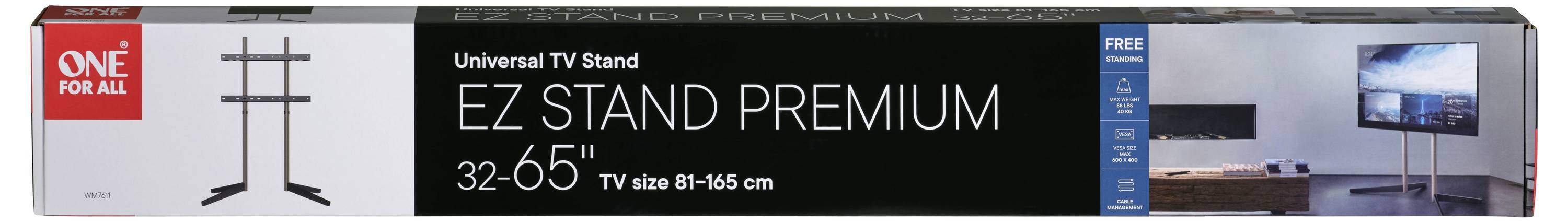 Box für 'One For All EZ Stand Premium', ein universeller TV-Ständer für Fernseher von 32-65 Zoll. Enthält Abbildungen des Ständers und eines montierten Fernsehers.