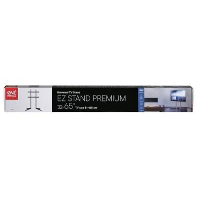 Box für 'One For All EZ Stand Premium', ein universeller TV-Ständer für Fernseher von 32-65 Zoll. Enthält Abbildungen des Ständers und eines montierten Fernsehers.