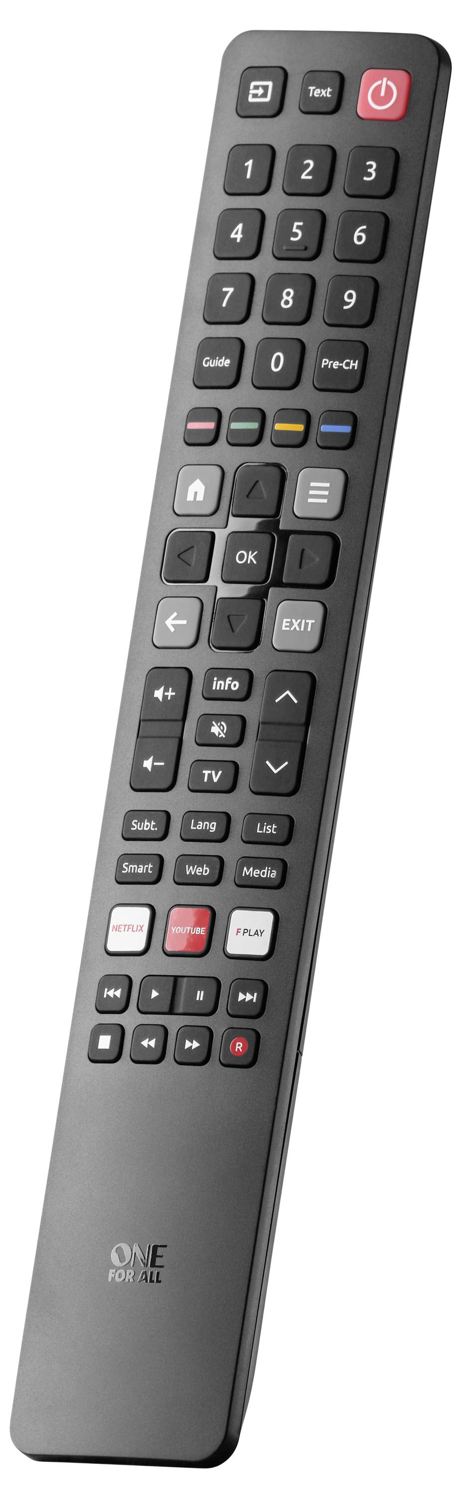 Eine schwarze universelle TV-Fernbedienung mit zahlreichen Tasten, darunter eine Einschalttaste, numerische Tastatur, Lautstärke- und Kanalsteuerung.