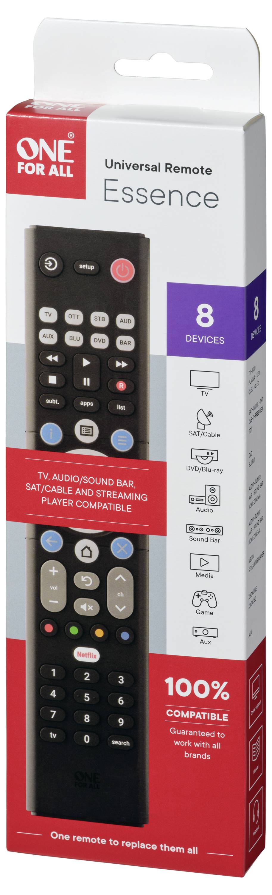 Universelle Fernbedienung, Verpackung mit der Aufschrift 'One For All Essence'. Kompatibel mit 8 Geräten: TV, Audio, Soundbar und Streaming-Player.