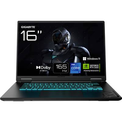 Ein Laptop mit Spezifikationen: 16" GIGABYTE mit Roboter-Hintergrund, inklusive Dolby ATMOS, 165 Hz Bildwiederholrate, Intel Core i7 und Windows 11.