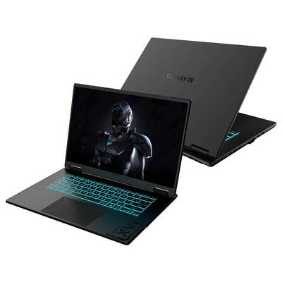 Zwei Laptops sind geöffnet, mit leuchtenden Tastaturen. Auf den Bildschirmen ist eine futuristische, in Rüstung gekleidete Figur zu sehen, was auf einen Gaming- oder High-Performance-Kontext hindeutet.