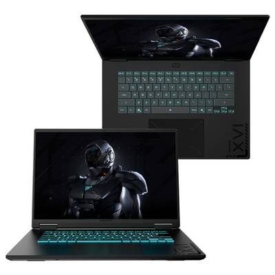 Zwei schwarze Laptops werden gezeigt; auf einem Bildschirm ist eine futuristische, gepanzerte Figur zu sehen. Beide Tastaturen sind mit türkisfarbener Hintergrundbeleuchtung ausgestattet.