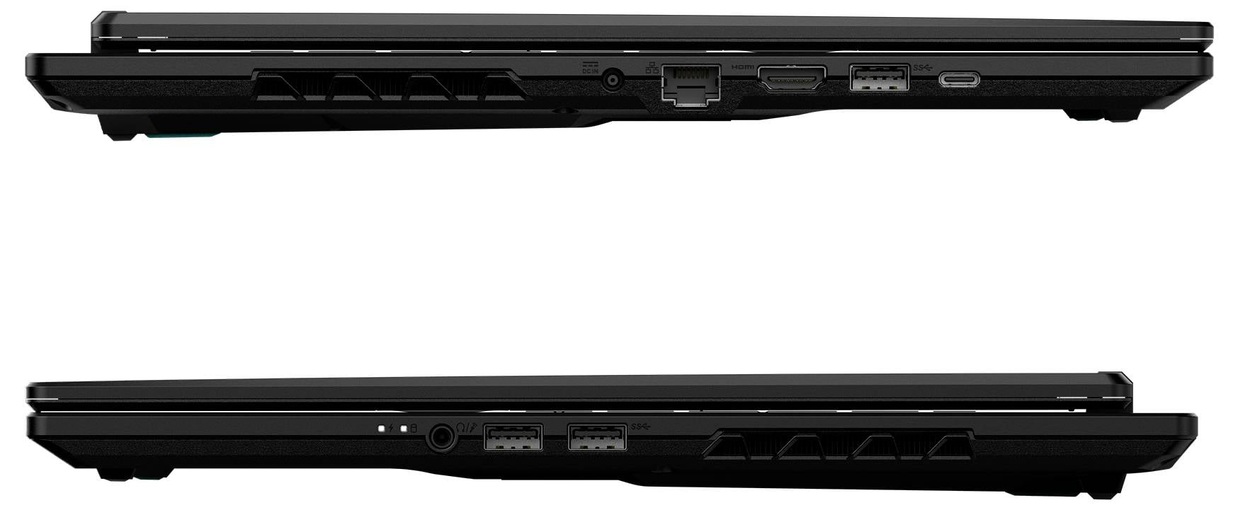 Zwei schwarze Laptop-Seitenansichten, eine zeigt die linke Seite und die andere die rechte Seite, mit sichtbaren Anschlüssen und Lüftungsschlitzen.