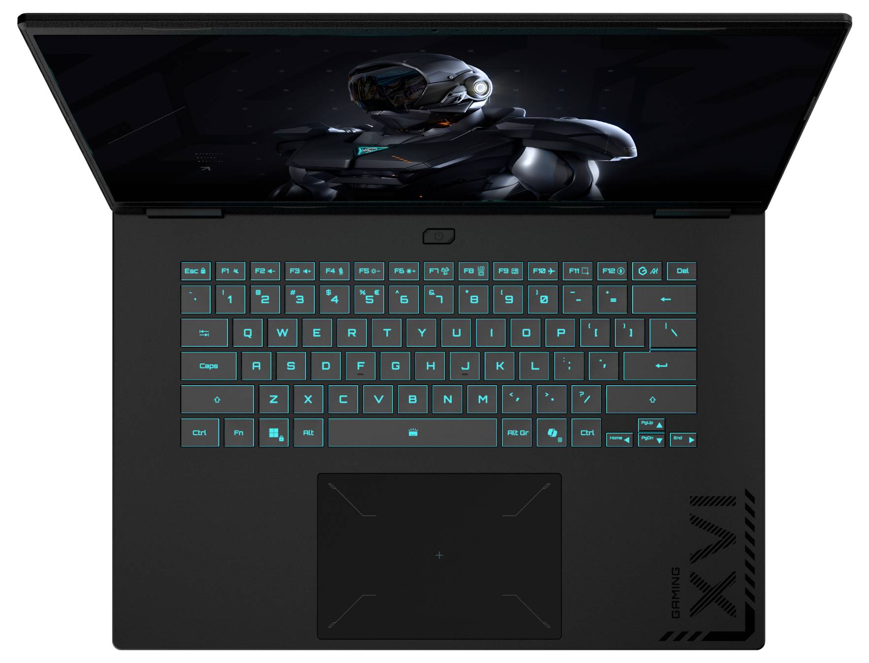 Draufsicht eines geöffneten schwarzen Laptops mit einer leuchtend blauen Tastatur und einer Roboterfigur auf dem Bildschirm.