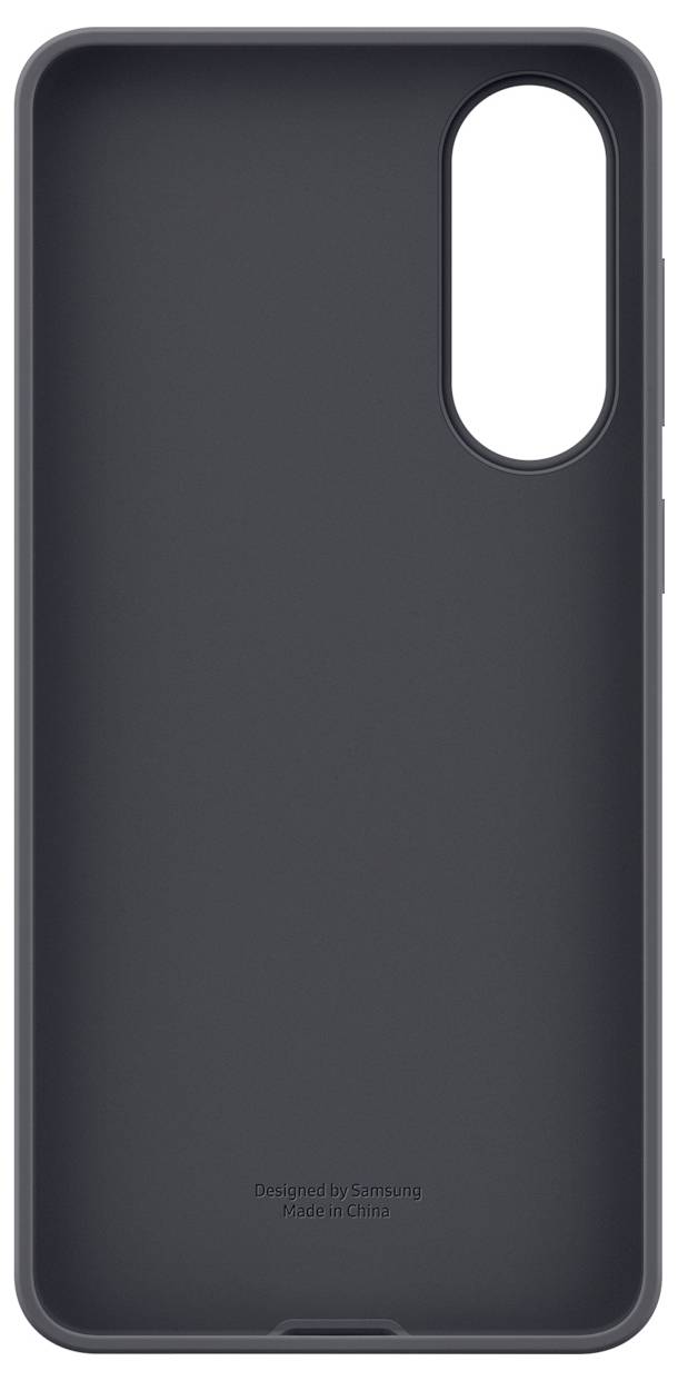 Eine elegante, dunkle Smartphone-Hülle mit ovaler Aussparung für die Kamera. Schlichtes, stromlinienförmiges Design mit dem Text „Designed by Germany, Made in China".