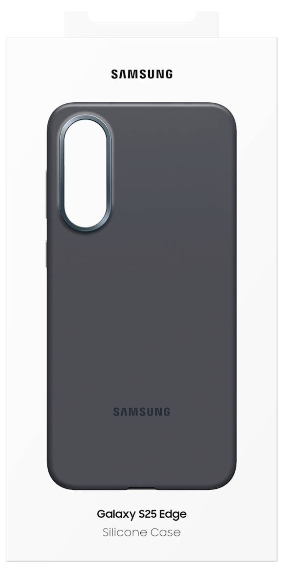 Verpackung des "Samsung Galaxy S25 Edge Silikon-Hülles" zeigt eine dunkelgraue Handyhülle mit Kameraaussparung, präsentiert in einer transparenten Schachtel.