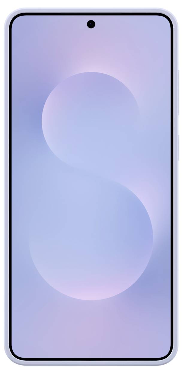 Ein Smartphone mit elegantem Design, das ein großes Display mit einer kleinen zentralen Kamera im Lochdesign auf einem Hintergrund mit Blau-Lila-Verlauf zeigt.
