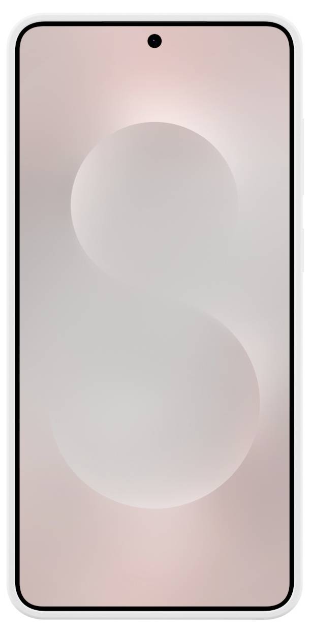 Smartphone-Frontansicht mit randlosem Display und zentrierter Kamera im Lochdesign auf einem minimalistischen, unscharfen rosa Hintergrundmotiv.