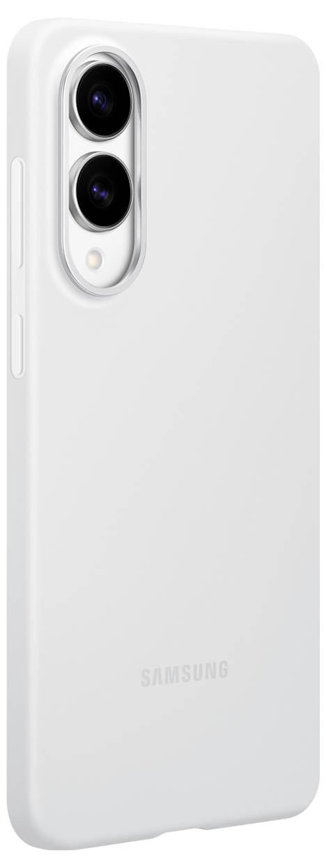Ein schlankes weißes Smartphone mit Dual-Kamera-Objektiven, auf dessen Rückseite das 'Samsung'-Logo zu sehen ist, vor einem einfarbigen Hintergrund.