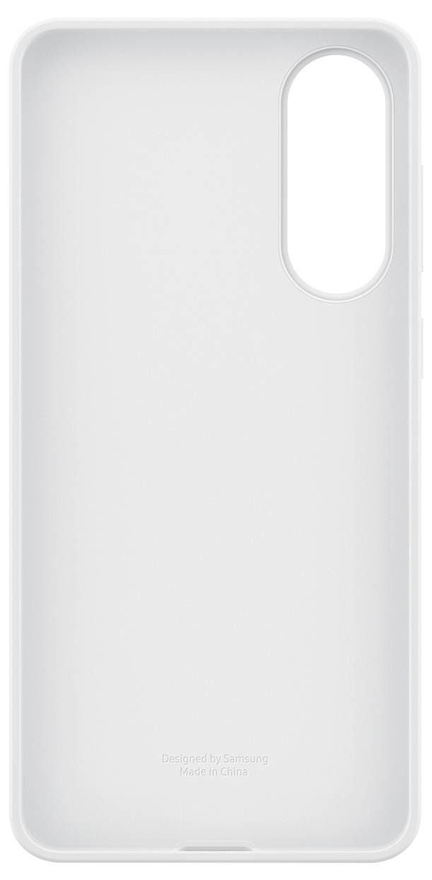 Weiße Handyhülle mit ovaler Aussparung für die Kamera, gekennzeichnet mit „Designed by Samsung, Made in China".