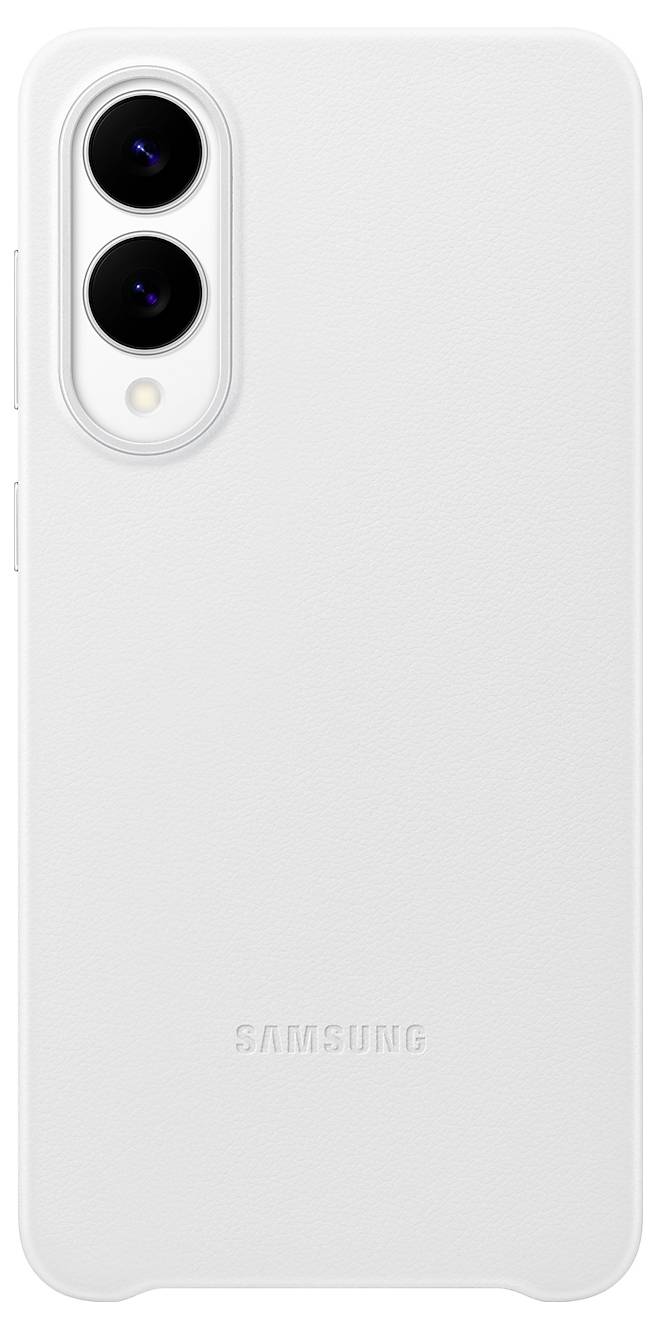 Weißes Samsung-Smartphone mit dualen Rückkameras in einem ovalen Modul und strukturierter Rückseite.