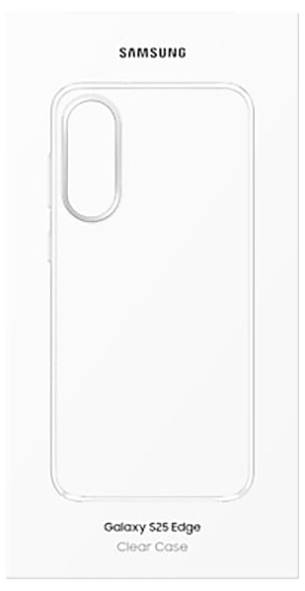 Transparente Hülle für Galaxy S25 Edge, mit Aussparungen für Kamera und Tasten, mit Text 'Samsung Galaxy S25 Edge Clear Case' über und unter der Hülle.