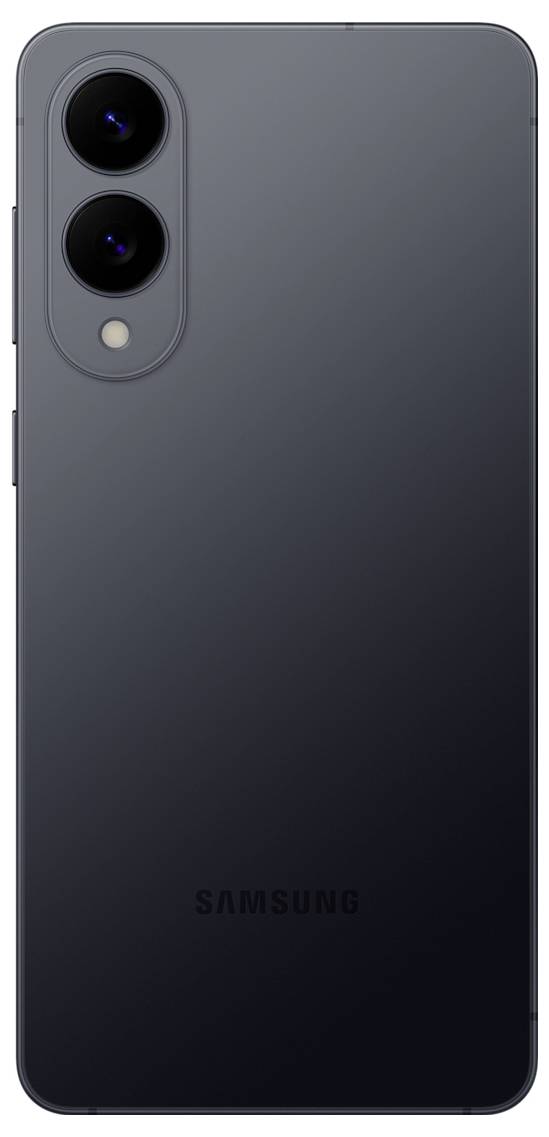 Ein schwarzes Smartphone mit einem Dual-Kamera-Setup auf der Rückseite, das ein minimalistisches Design und eine elegante Oberfläche aufweist.