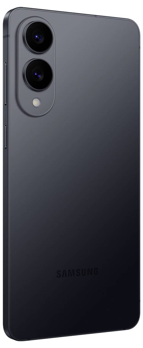 Ein schlankes, schwarzes Smartphone mit Dual-Kameras auf der Rückseite. Der Markenname ist dezent am unteren Rand sichtbar.