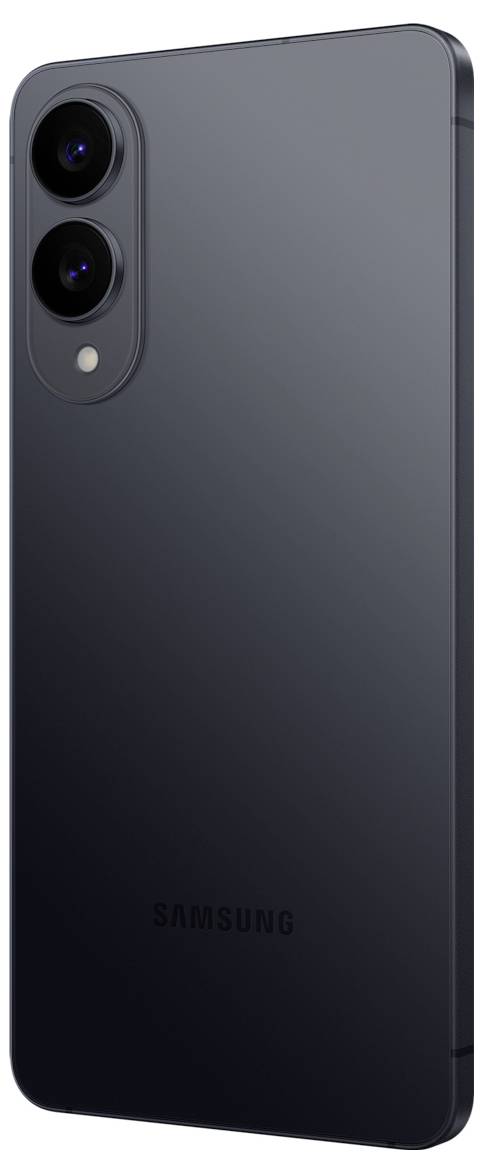 Ein schwarzes Smartphone mit Dual-Rückkameras und matter Oberfläche, auf dem unten das Samsung-Logo zu sehen ist.
