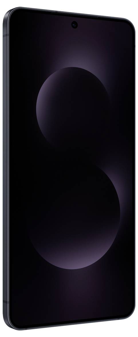 Ein schlankes, schwarzes Smartphone, von vorne in einem leichten Winkel präsentiert, mit einem dunklen Display, das ein dezentes S-förmiges Muster zeigt.