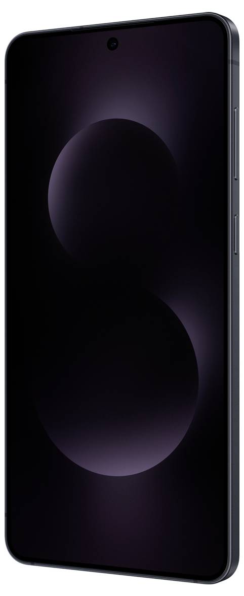Ein schlankes schwarzes Smartphone mit einer leuchtenden abstrakten 'S'-Form auf dem Bildschirm, aus einem Seitenwinkel betrachtet, wobei sein dünnes Profil hervorgehoben wird.