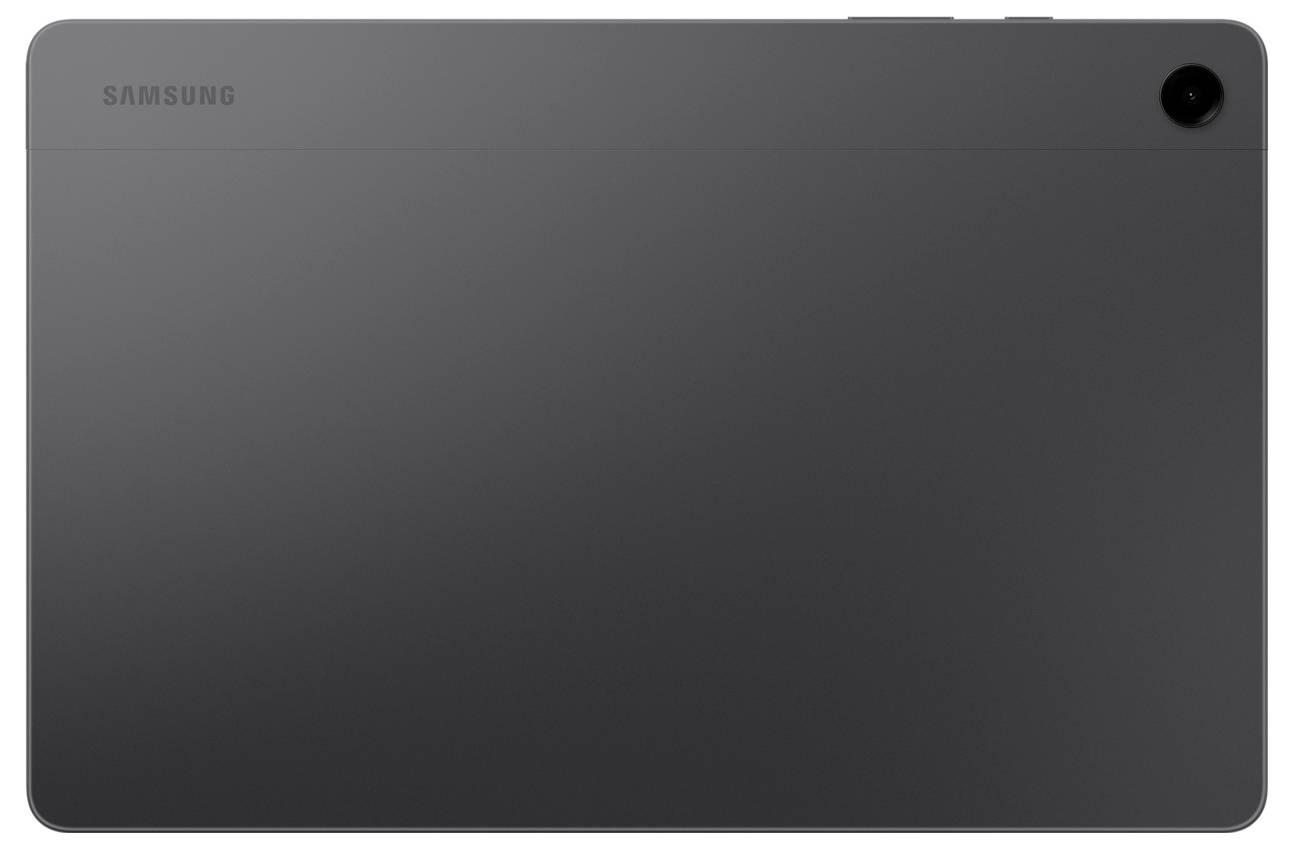 Ein schlankes, dunkelgraues Samsung-Tablet, von hinten betrachtet, mit Kameraobjektiv und Samsung-Logo in der oberen linken Ecke.