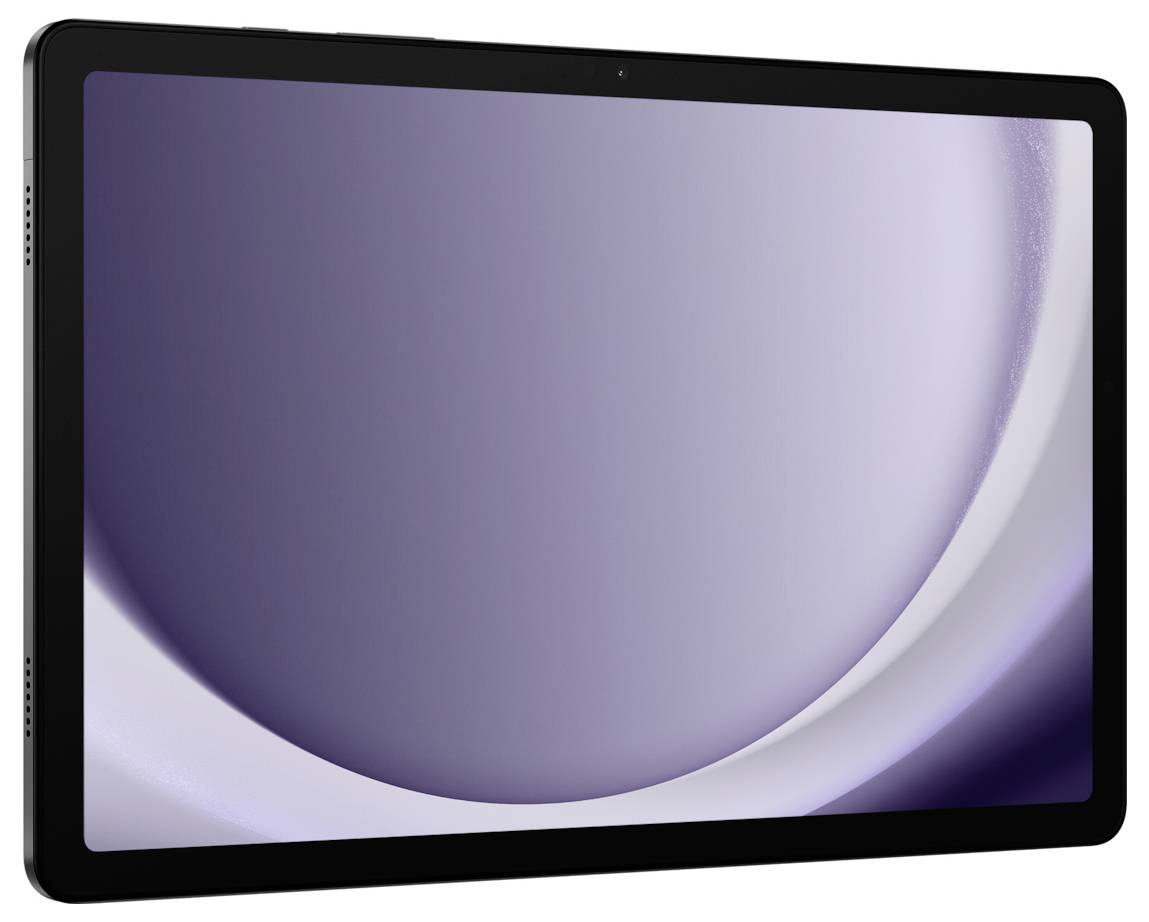 Ein schlankes, schwarzgerahmtes digitales Tablet mit einem abstrakten Kreis-Design in Lila und Weiß auf dem Bildschirm, vor einem schlichten weißen Hintergrund.