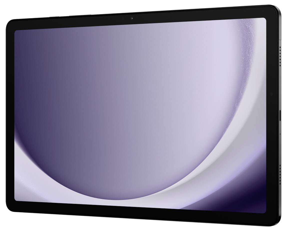 Ein schlankes schwarzes Tablet mit einem großen Display, das ein minimalistisches abstraktes Design in Lila und Weiß zeigt.