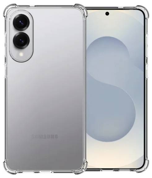 Zwei Smartphones in einer transparenten Hülle, die Rück- und Vorderseite präsentieren. Die Rückseite zeigt Dual-Kameras; die Vorderseite präsentiert ein dezentes Bildschirmdesign.