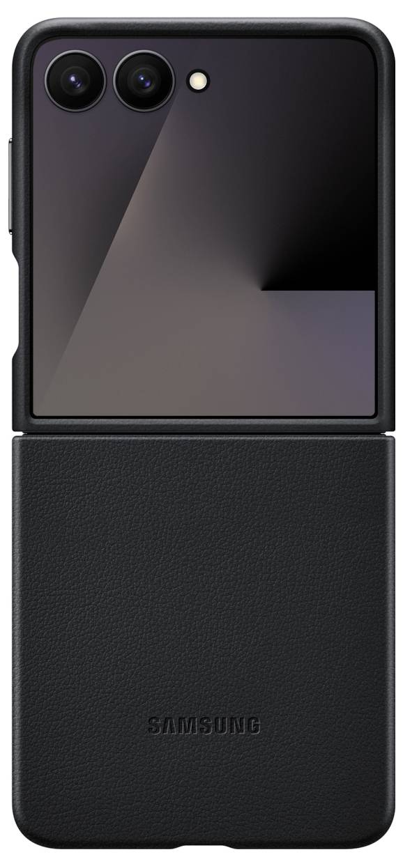 Faltbares Smartphone mit zwei Rückkameras und einer schwarzen Lederhülle.