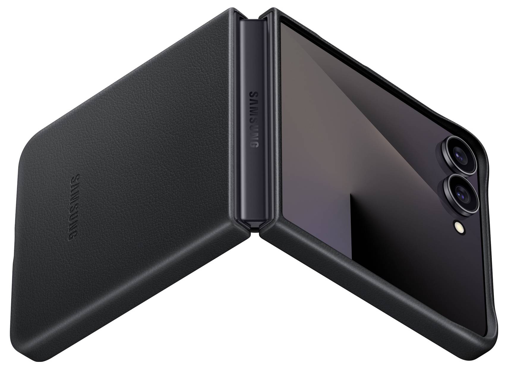 Ein schwarzes faltbares Smartphone, teilweise geöffnet, mit einer Dual-Rückkamera und dem Markennamen am Rücken, was ein elegantes Design andeutet.