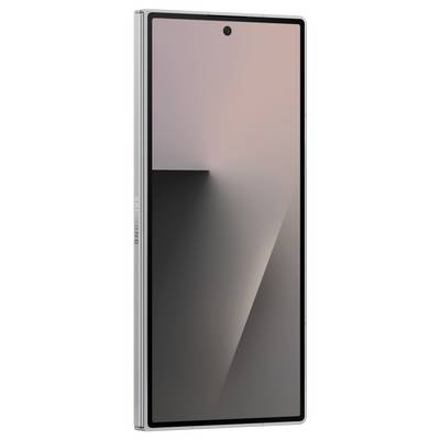 Ein Smartphone mit elegantem Design und großem Bildschirm, auf dem abstrakte geometrische Tapete zu sehen ist, steht aufrecht auf seiner Seite.