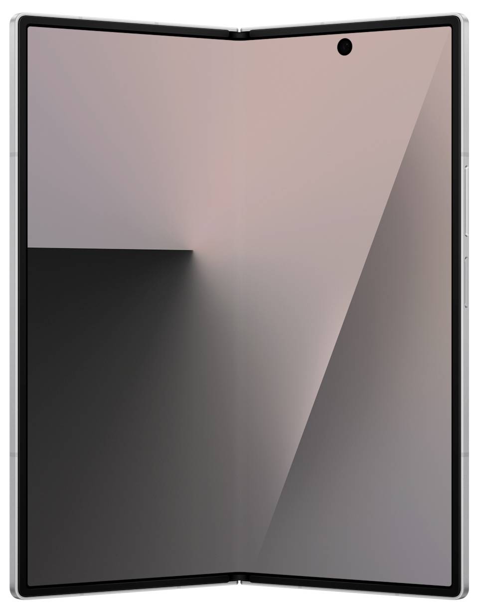 Ein faltbares Smartphone, halb geöffnet, mit einem abstrakten geometrischen Hintergrundbild auf dem Bildschirm, das Farbverläufe in Rosa-, Schwarz- und Grautönen zeigt.