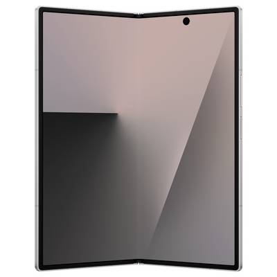 Ein faltbares Smartphone, halb geöffnet, mit einem abstrakten geometrischen Hintergrundbild auf dem Bildschirm, das Farbverläufe in Rosa-, Schwarz- und Grautönen zeigt.