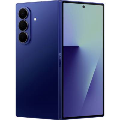 Ein schlankes blaues Smartphone mit drei Rückkameras und einem faltbaren Design, das teilweise geöffnet ist und den Innenbildschirm zeigt.