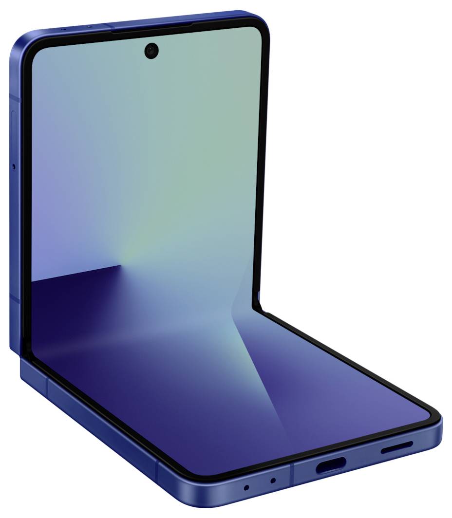 Ein blaues faltbares Smartphone, teilweise geöffnet, das seinen flexiblen Bildschirm mit Verlaufsdesign zeigt. Das Telefon verfügt über eine Frontkamera und einen Ladeanschluss.