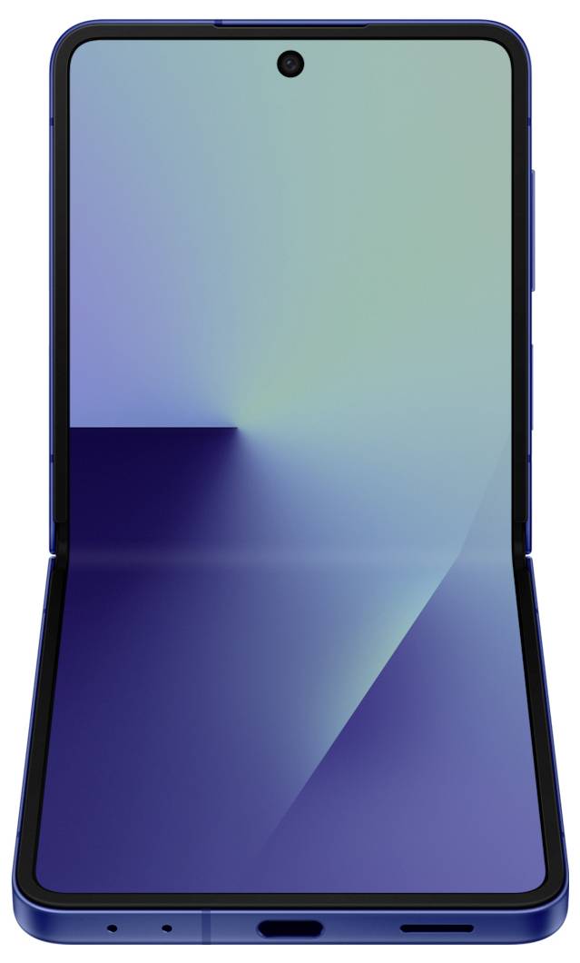 Ein faltbares Smartphone, teilweise geöffnet, mit einem Gradient-blauen Bildschirm. Die Scharnierstelle ist sichtbar und zeigt das flexible Design.