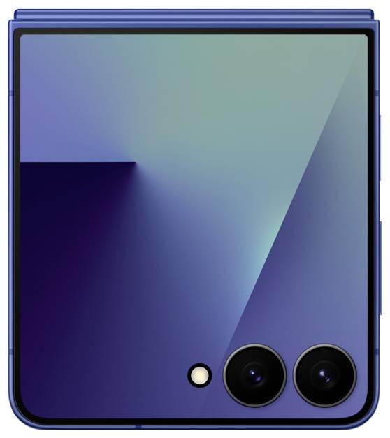 Ein blau zusammenklappbares Smartphone ist geschlossen und zeigt eine elegante, reflektierende Oberfläche mit zwei Kameraobjektiven und einem Blitz auf der Vorderseite.