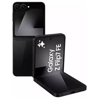 Ein faltbares Smartphone, das in einem rechten Winkel geöffnet ist. Der Bildschirm zeigt den Text ‚Galaxy Z Flip7 FE'. Das Design betont schlichte, moderne Linien.
