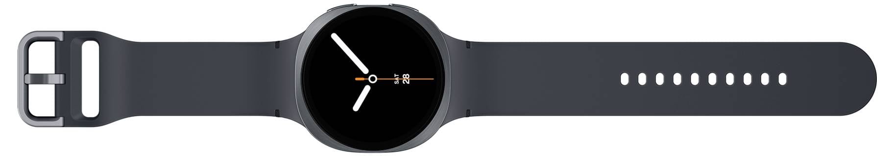 Eine schwarze Smartwatch mit rundem Zifferblatt, das die Zeit als 10:10 anzeigt. Die Uhr hat ein schwarzes Armband mit mehreren Einstellungslöchern.