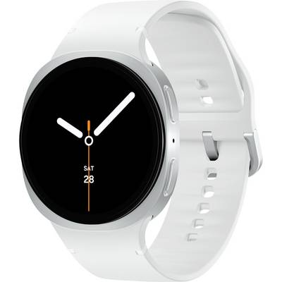 Eine weiße Smartwatch mit rundem Gehäuse zeigt eine minimalistische Analoguhr. Die Zeiger stehen auf 10:10, und das Datum wird auf schwarzem Hintergrund als 'SAT 28' angezeigt.