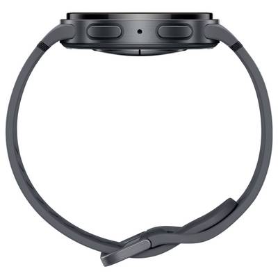 Eine elegante, schwarze Smartwatch, von der Seite gezeigt, mit Blick auf ihre Tasten und den schmalen, geschwungenen Armband.