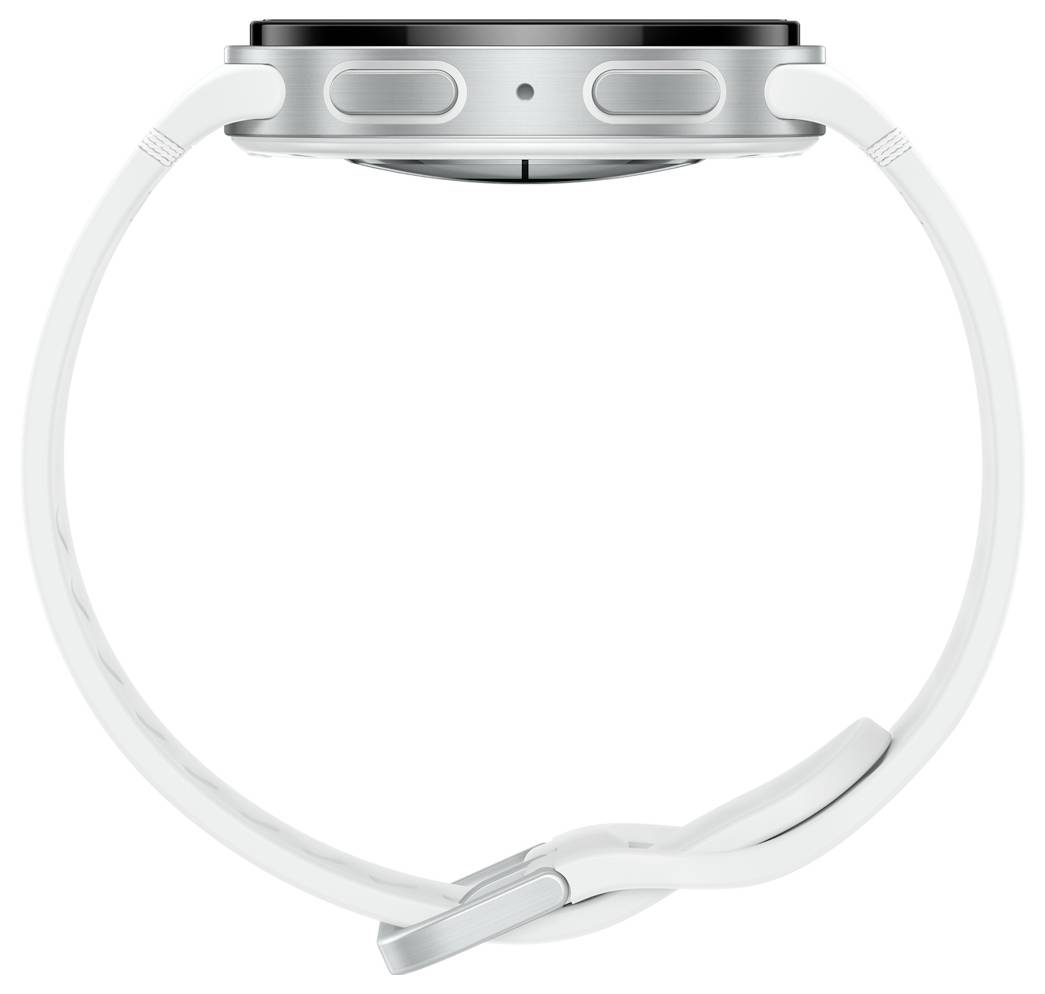 Eine silberne Smartwatch mit einem weißen Armband, von der Seite gezeigt, die die Tasten und das elegante Design hervorhebt.