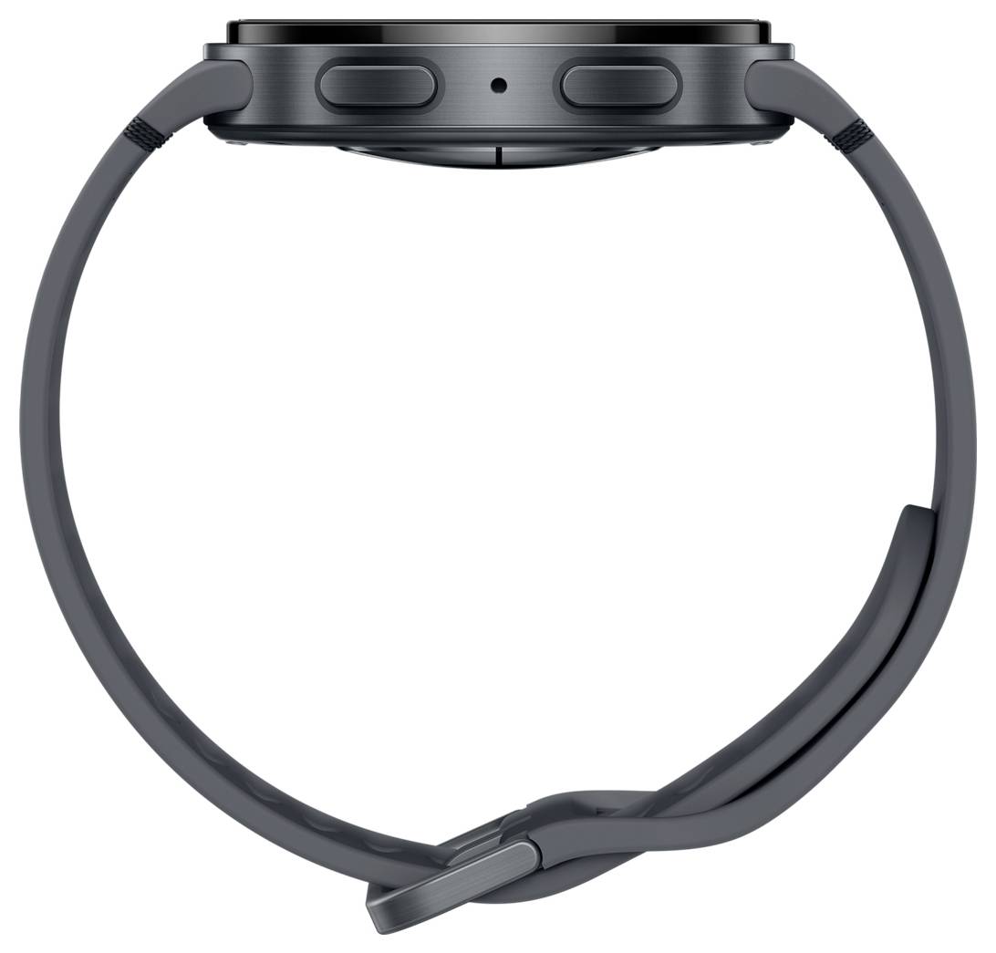 Seitenansicht einer modernen schwarzen Smartwatch mit einem eleganten Band, die seitliche Tasten und ein minimalistisches Design präsentiert.